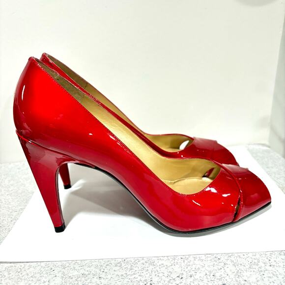 Stuart Weitzman dressy shoes 9.5M red patent open toe high stiletto heel pumps - Picture 6 of 10